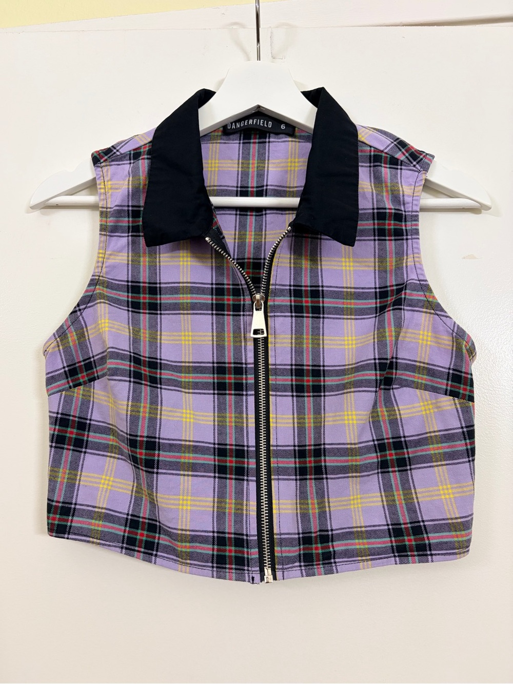 Dangerfield Lavender Plaid Zip Front Crop Vest Punk Grunge Alt Tartan Top Size 6